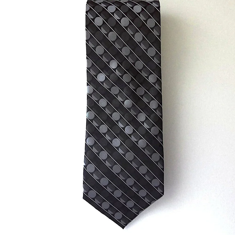 Axcess Claiborne Company Men's Tie 100% Silk Black & Gray Dots & Stripes EUC